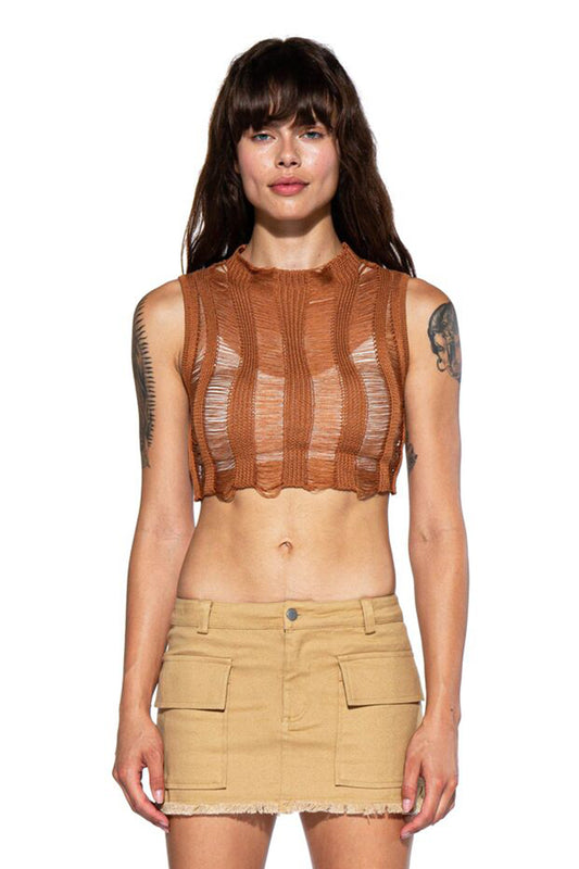 SHREDDED KNIT SWEATER SLEEVELESS CROP TOP