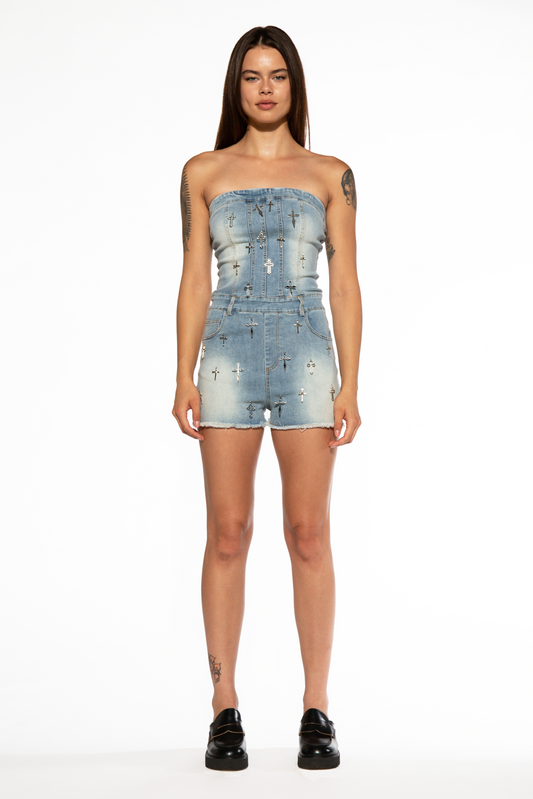 EMBELLISHED FRONT DENIM Romper