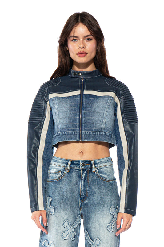 Tucked Shoulder Denim Moto Jacket