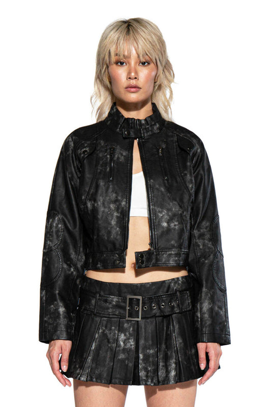 VINTAGE WASHED FAUX LEATHER MOTO JACKET