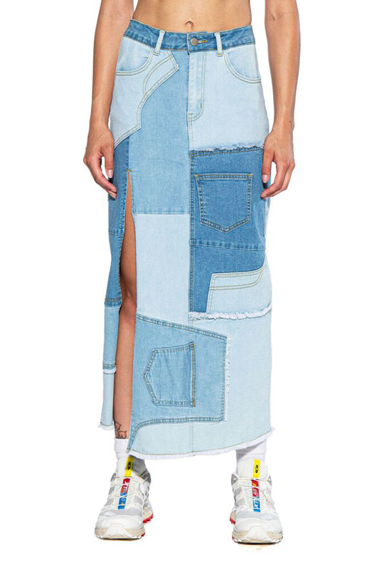 Patchwork Denim Maxi Skirt