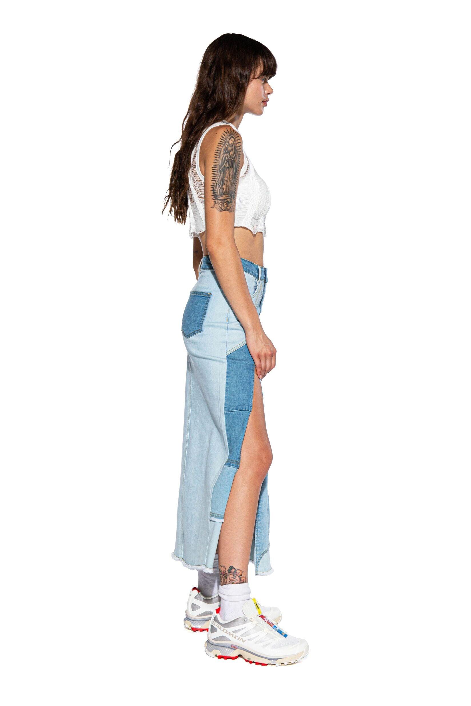 Patchwork Denim Maxi Skirt - Afterhour