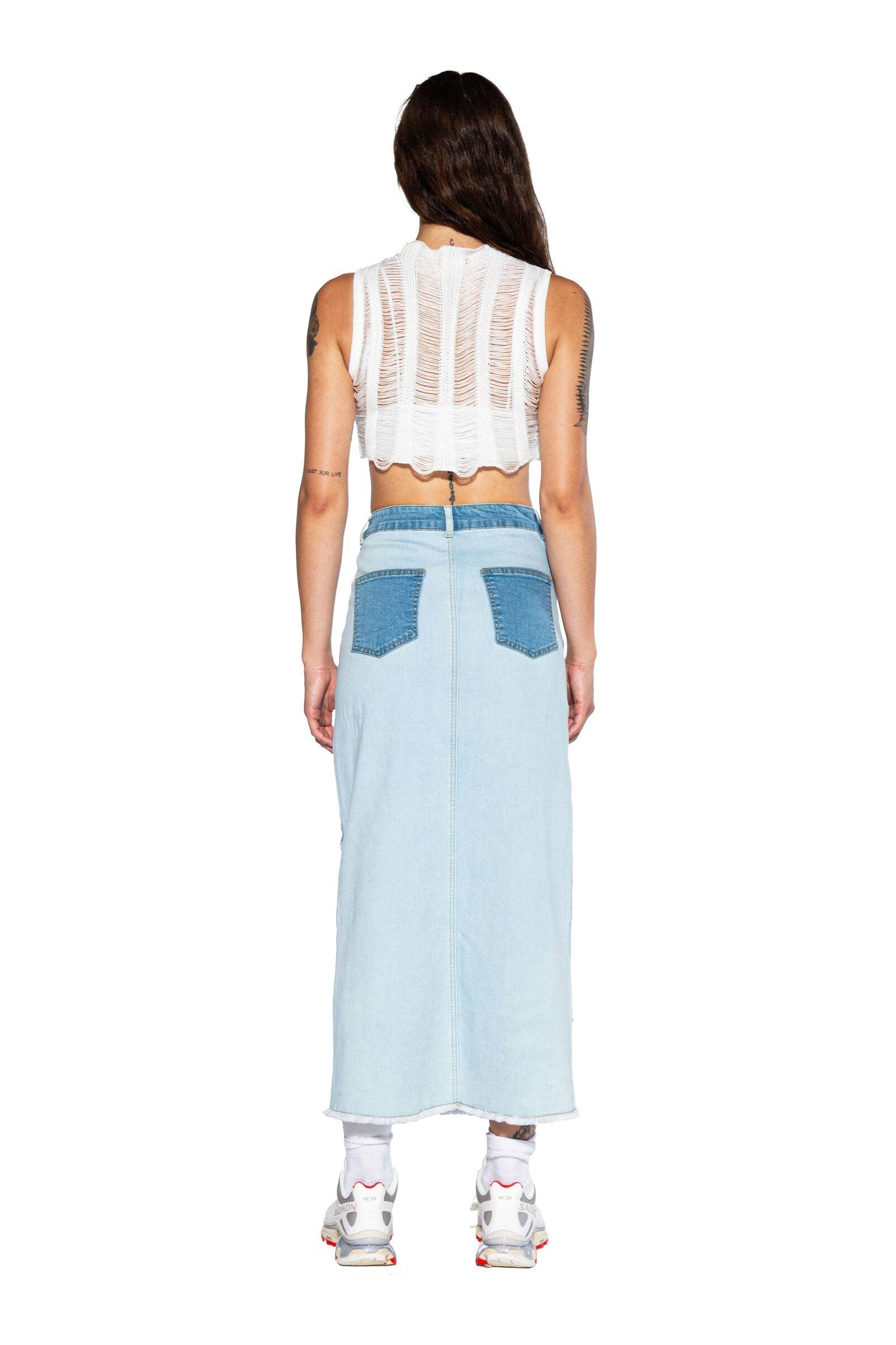 Patchwork Denim Maxi Skirt - Afterhour