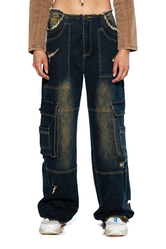 ROUGH FRAYED EDGE TINTED DENIM CARGO PANTS