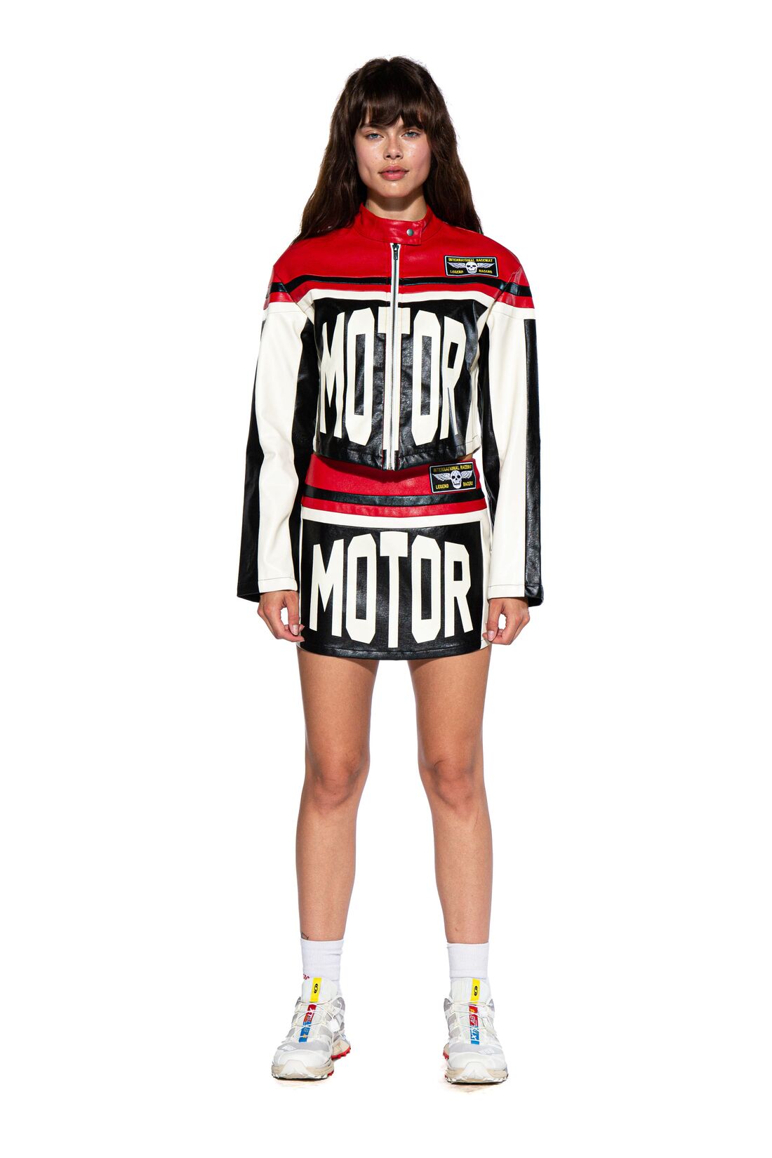 MOTOR LETTER FAUX LEATHER MINI JACKET