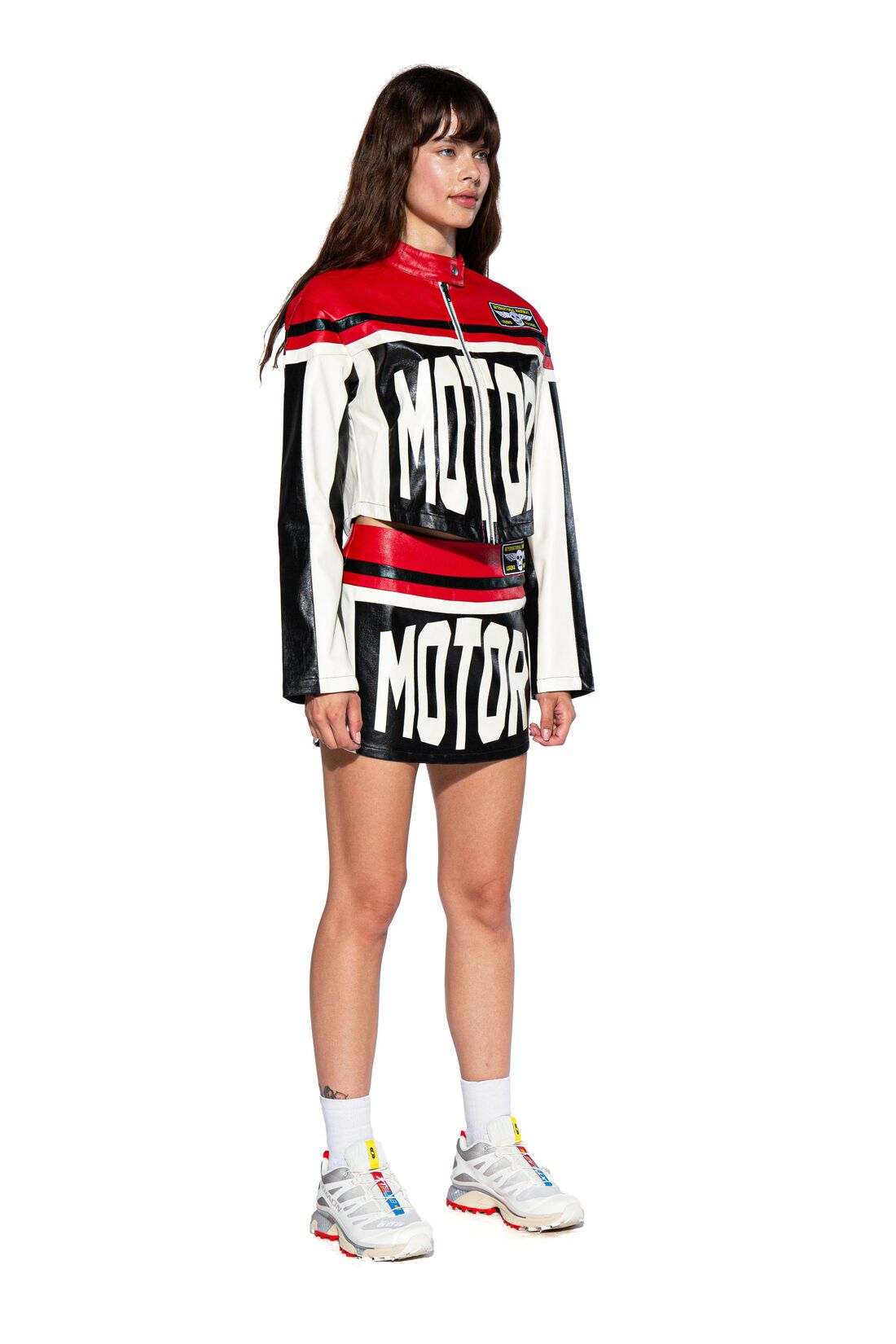 MOTOR LETTER FAUX LEATHER MINI JACKET