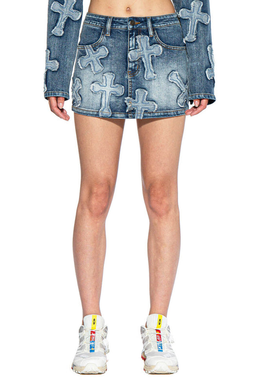 CROSS PATCH DENIM MINI SKIRT