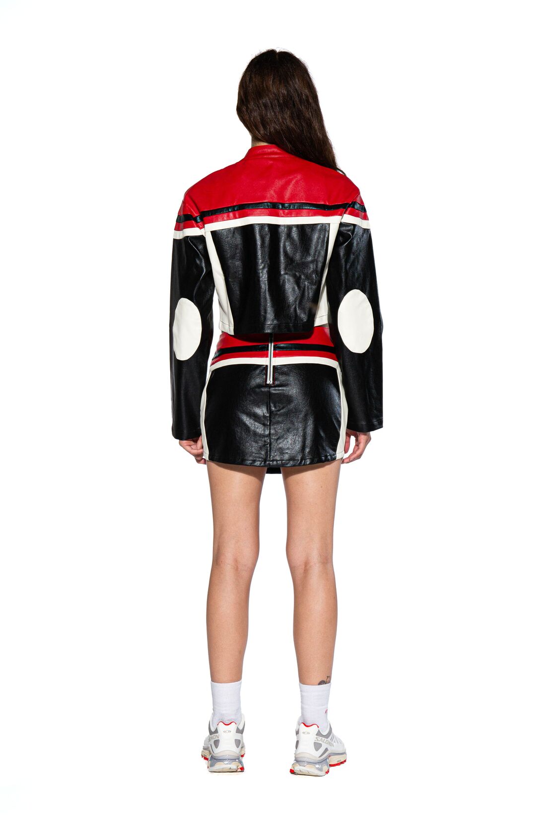 MOTOR LETTER FAUX LEATHER MINI JACKET