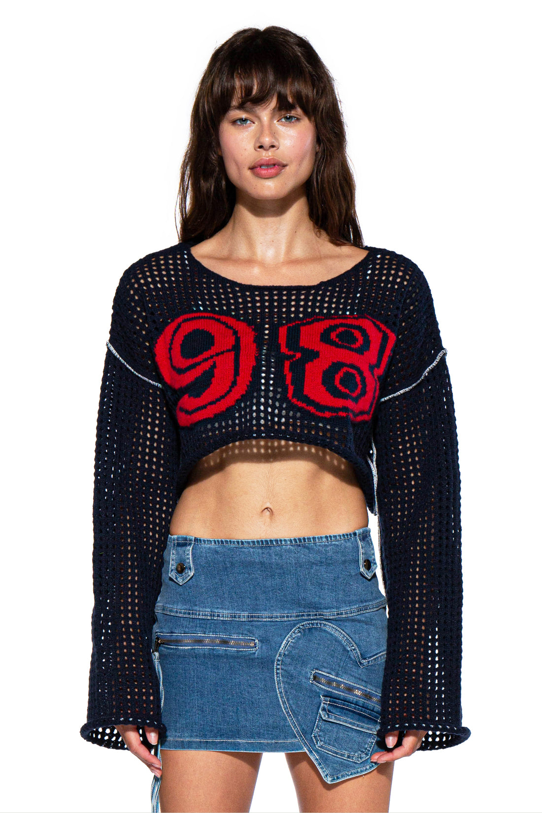 VARSITY CROCHET KNIT CROP TOP