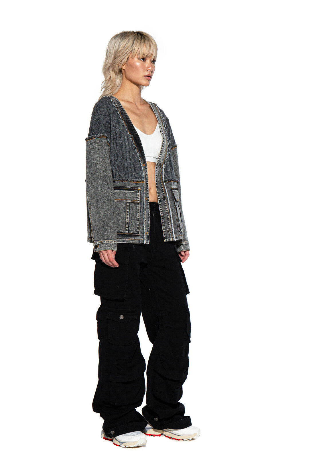 DENIM SWEATER COMBINATION CARDIGAN
