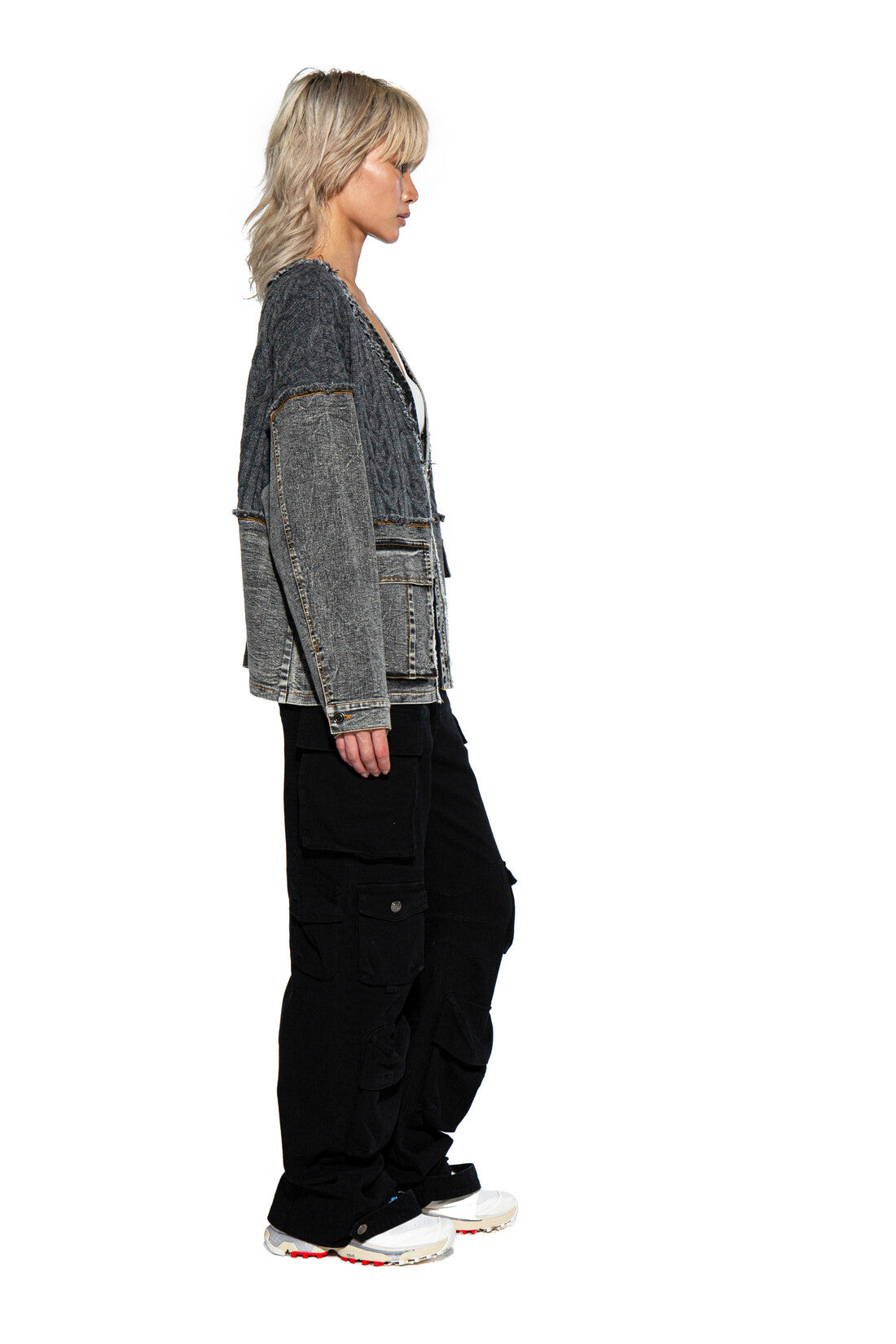 DENIM SWEATER COMBINATION CARDIGAN