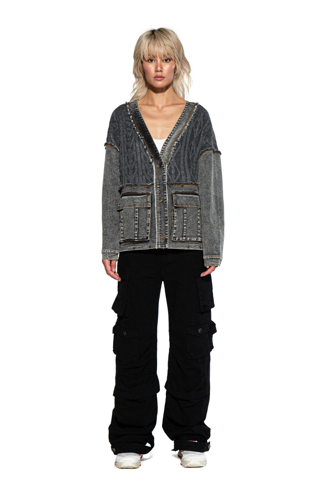 DENIM SWEATER COMBINATION CARDIGAN