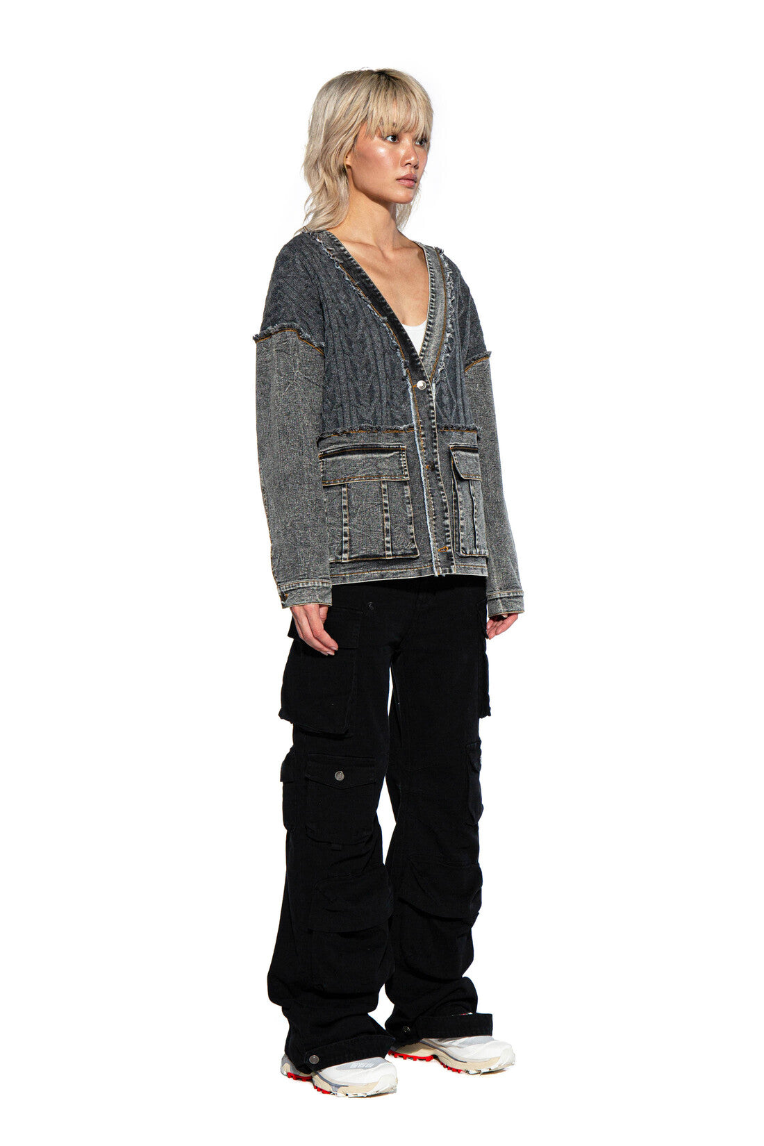 DENIM SWEATER COMBINATION CARDIGAN