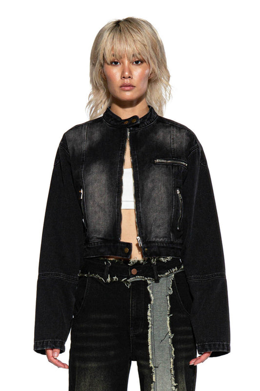 FADED DENIM MOTO JACKET