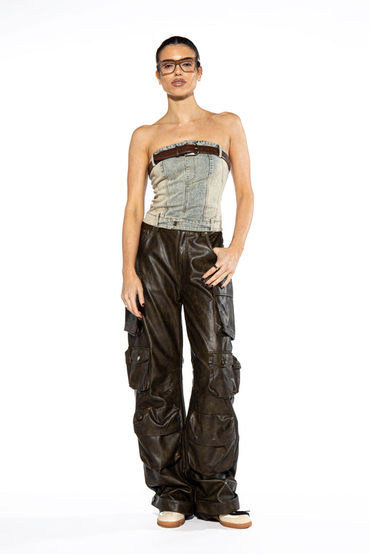 Vintage Washed Faux Leather Baggy Cargo Pant