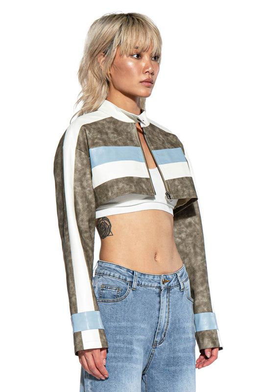STRIPE VINTAGE WASHED FAUX LEATHER MOTO JACKET