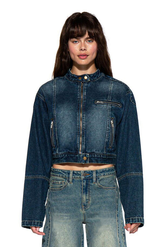 FADED DENIM MOTO JACKET