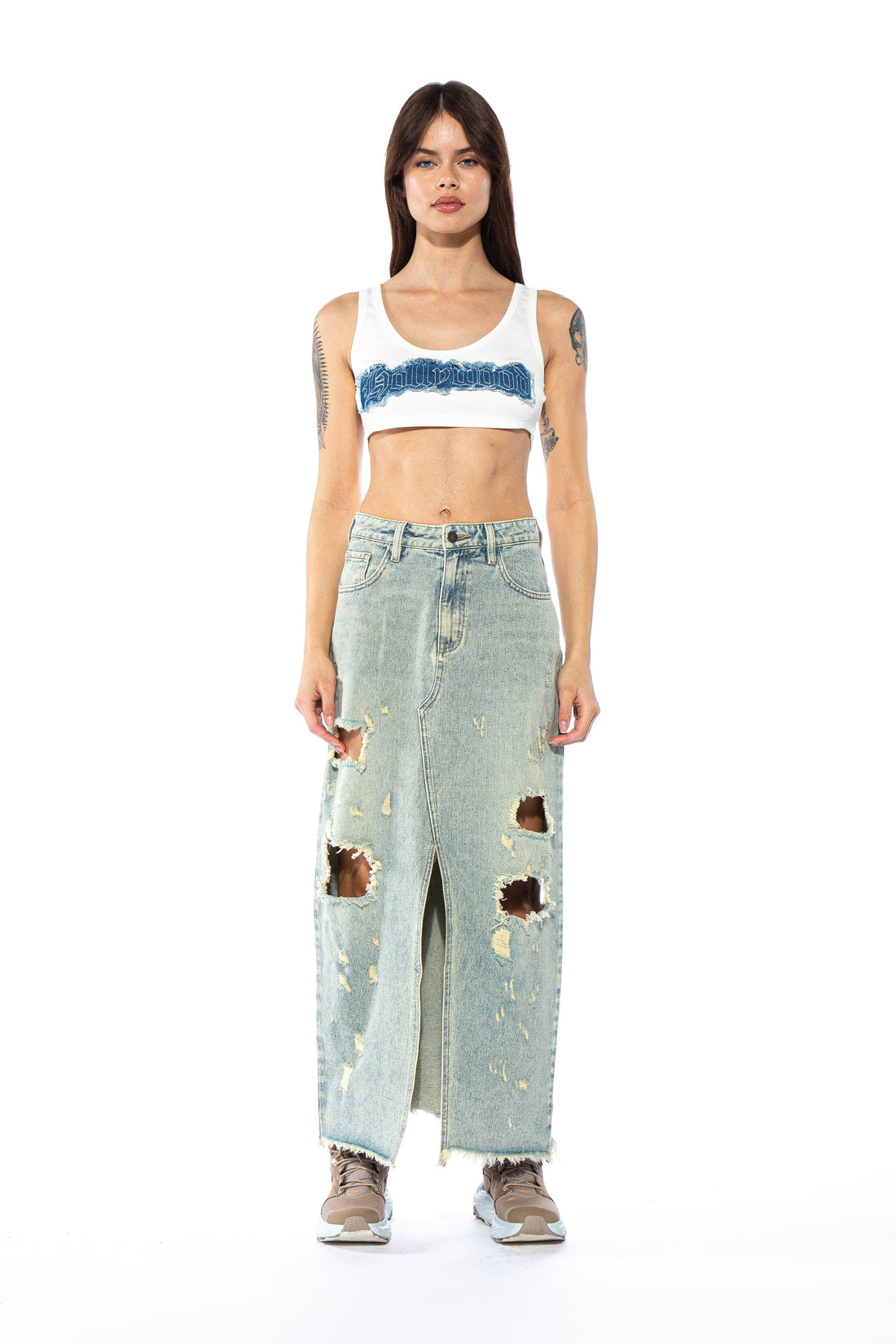 Distressed Vintage Wash Denim Maxi Skirt