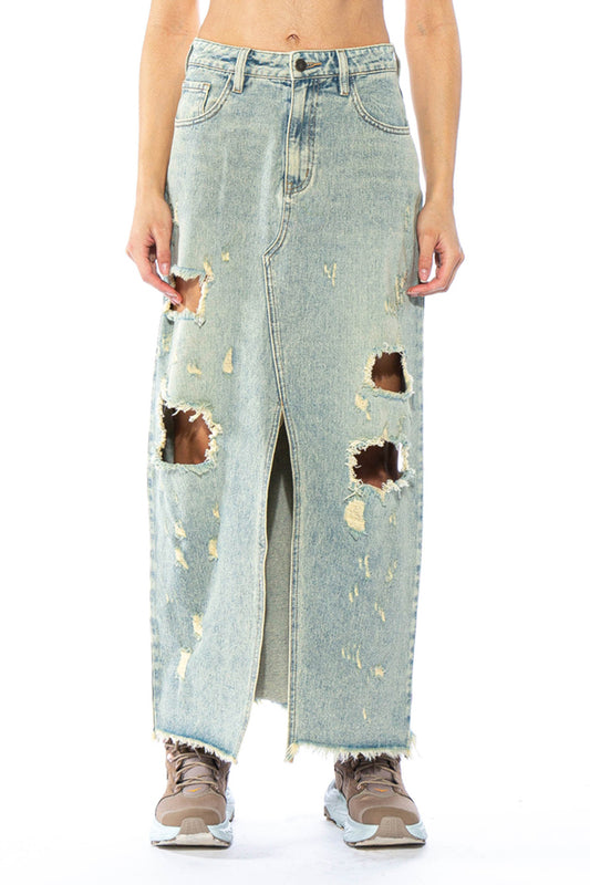 Distressed Vintage Wash Denim Maxi Skirt