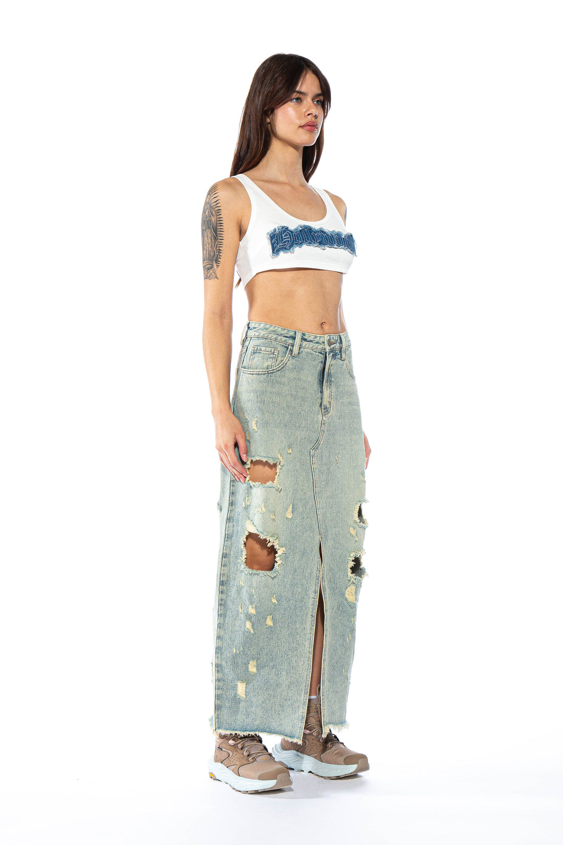 Distressed Vintage Wash Denim Maxi Skirt