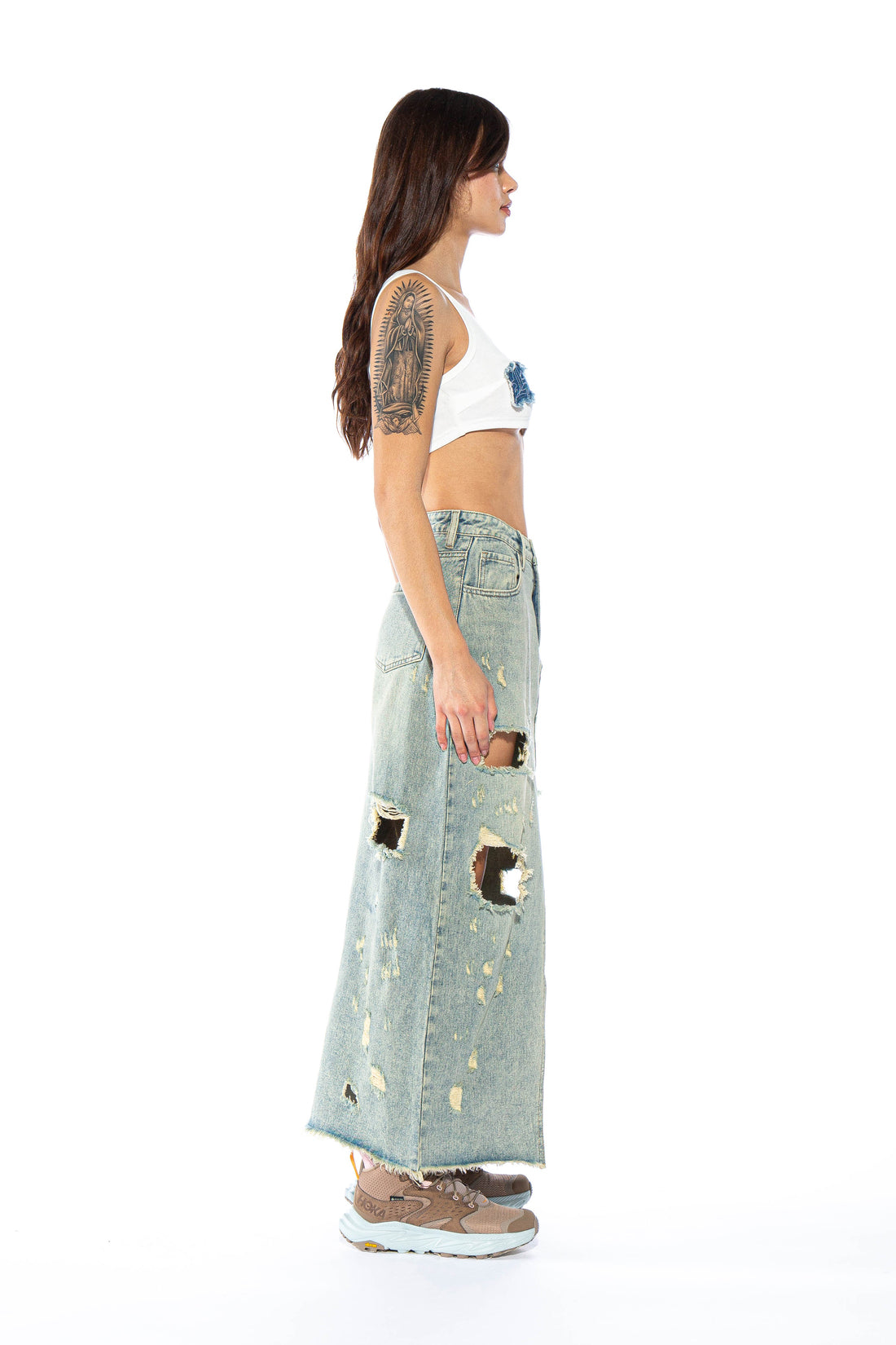 Distressed Vintage Wash Denim Maxi Skirt