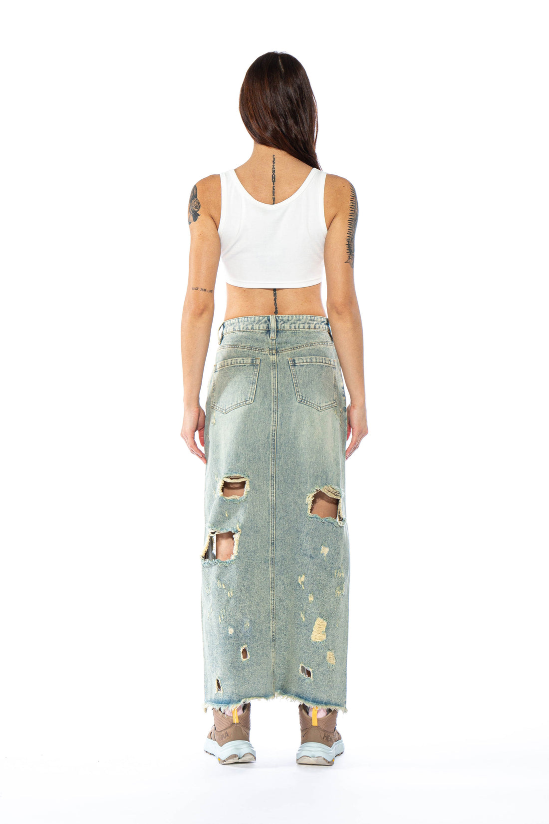 Distressed Vintage Wash Denim Maxi Skirt