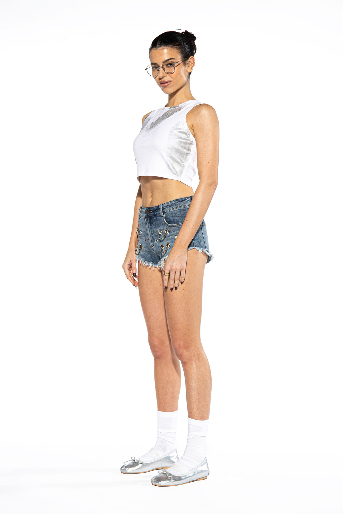 Metal Embellished Denim Short