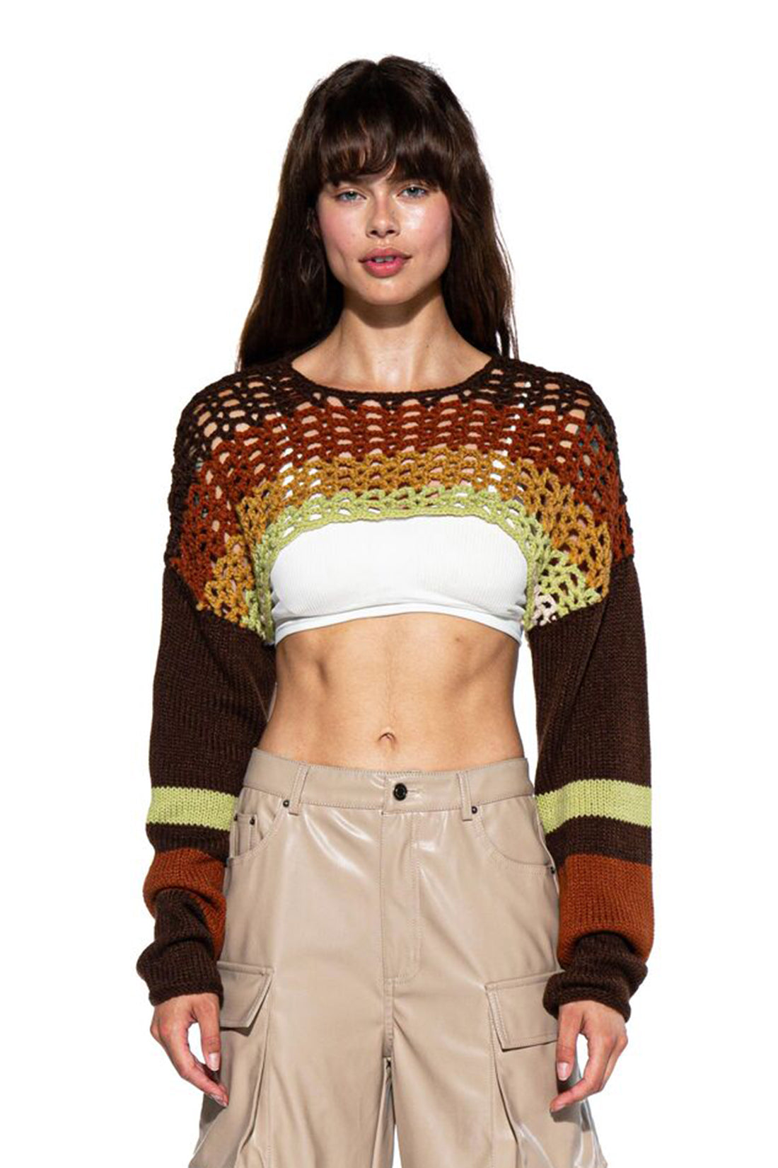 CONTRAST COLORED CROTCHET KNIT BOLERO