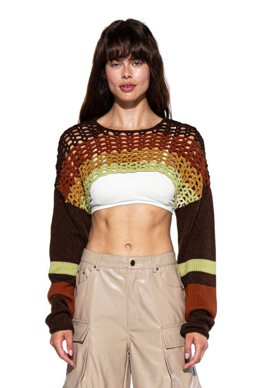 CONTRAST COLORED CROTCHET KNIT BOLERO