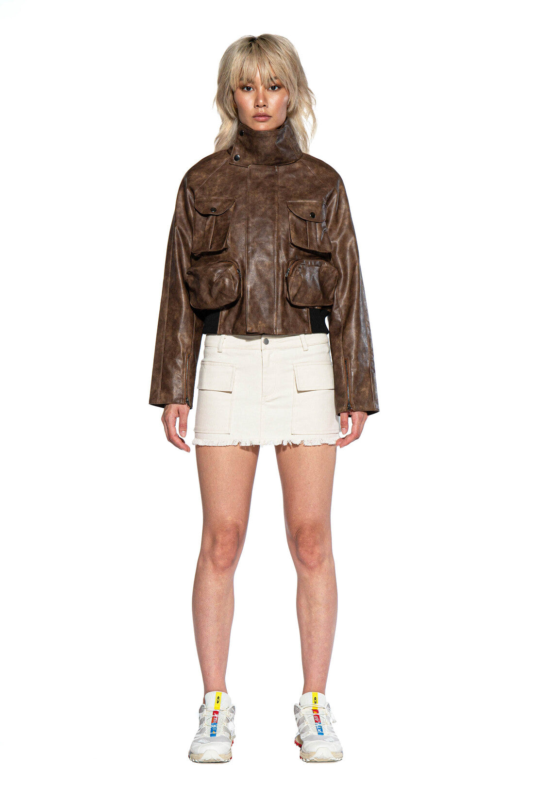 VINTAGE WASHED FAUX LEATHER CARGO MOTO JACKET