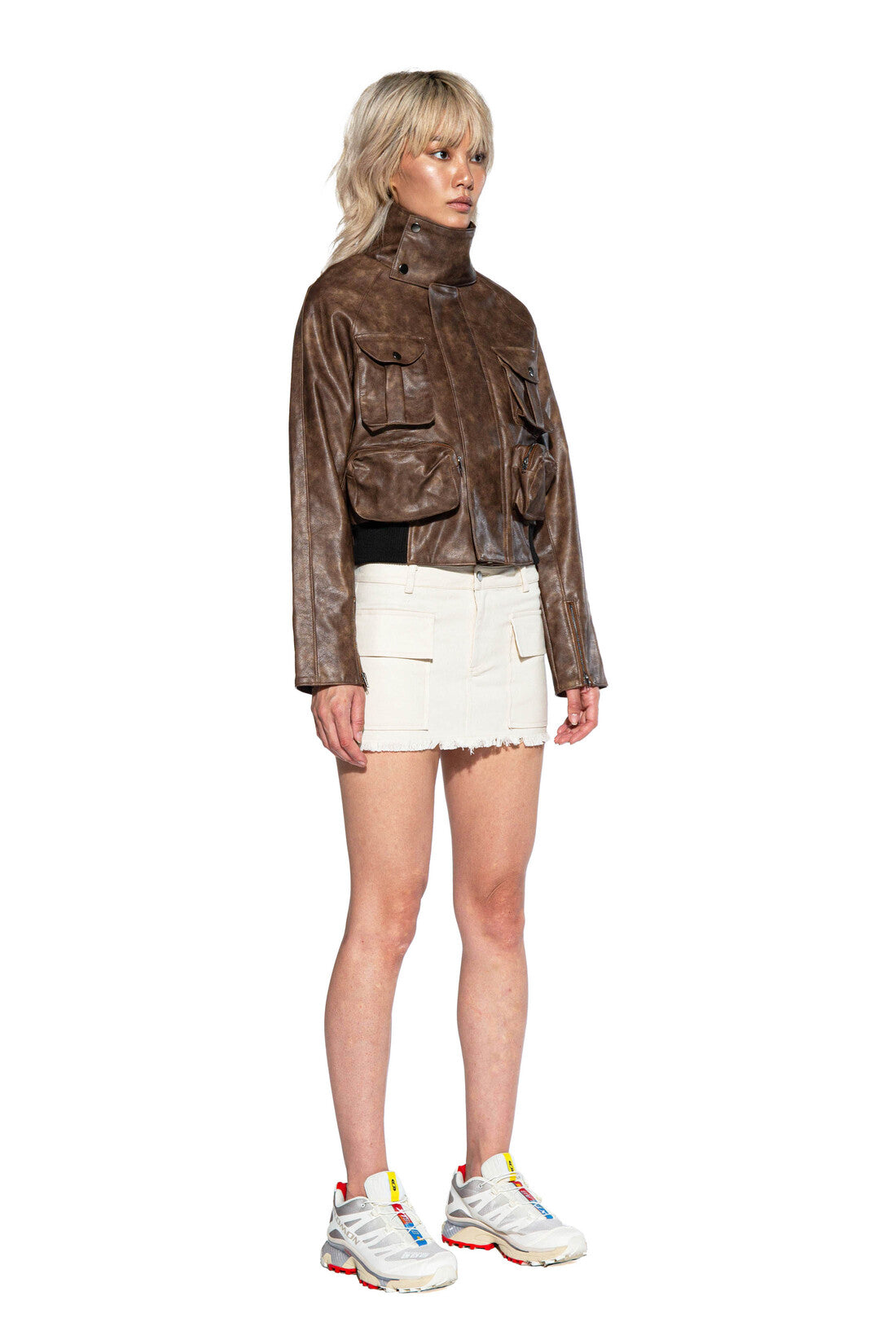 VINTAGE WASHED FAUX LEATHER CARGO MOTO JACKET
