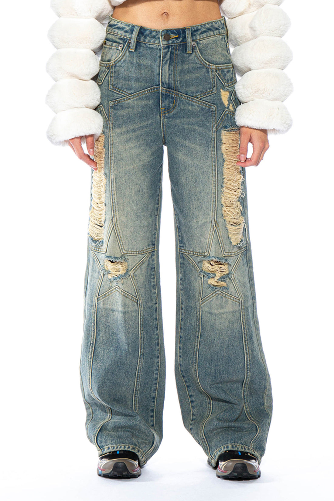 Distressed Star Knee Patch Vintage Wash Baggy Jeans