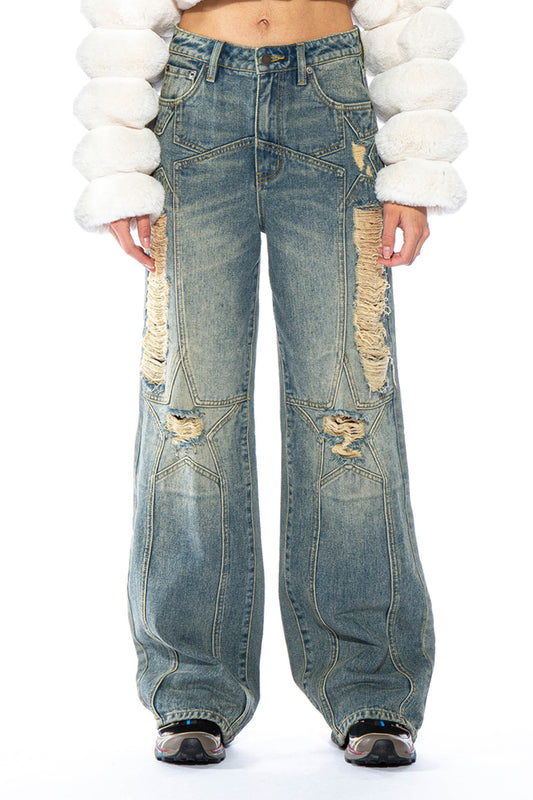 Distressed Star Knee Patch Vintage Wash Baggy Jeans