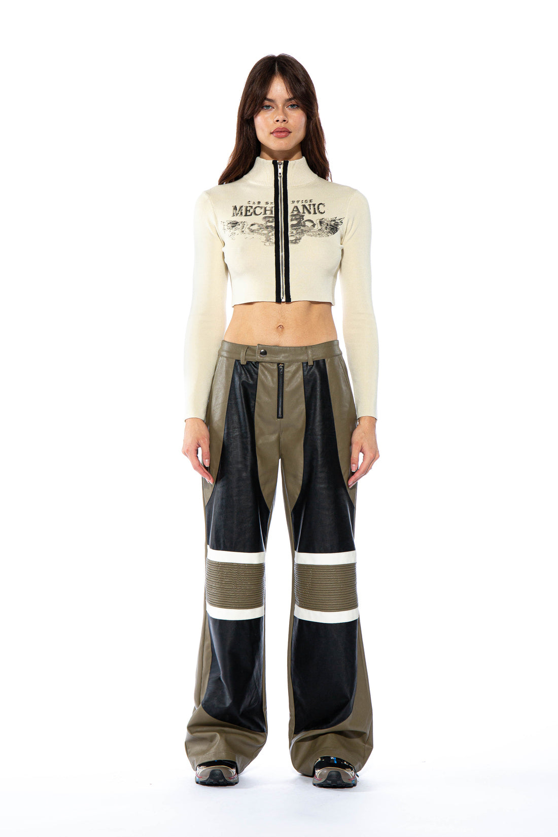 Faux Leather Contrast Colored Moto Baggy Pant