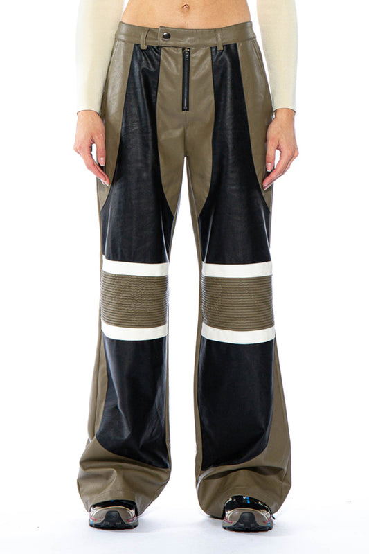 Faux Leather Contrast Colored Moto Baggy Pant