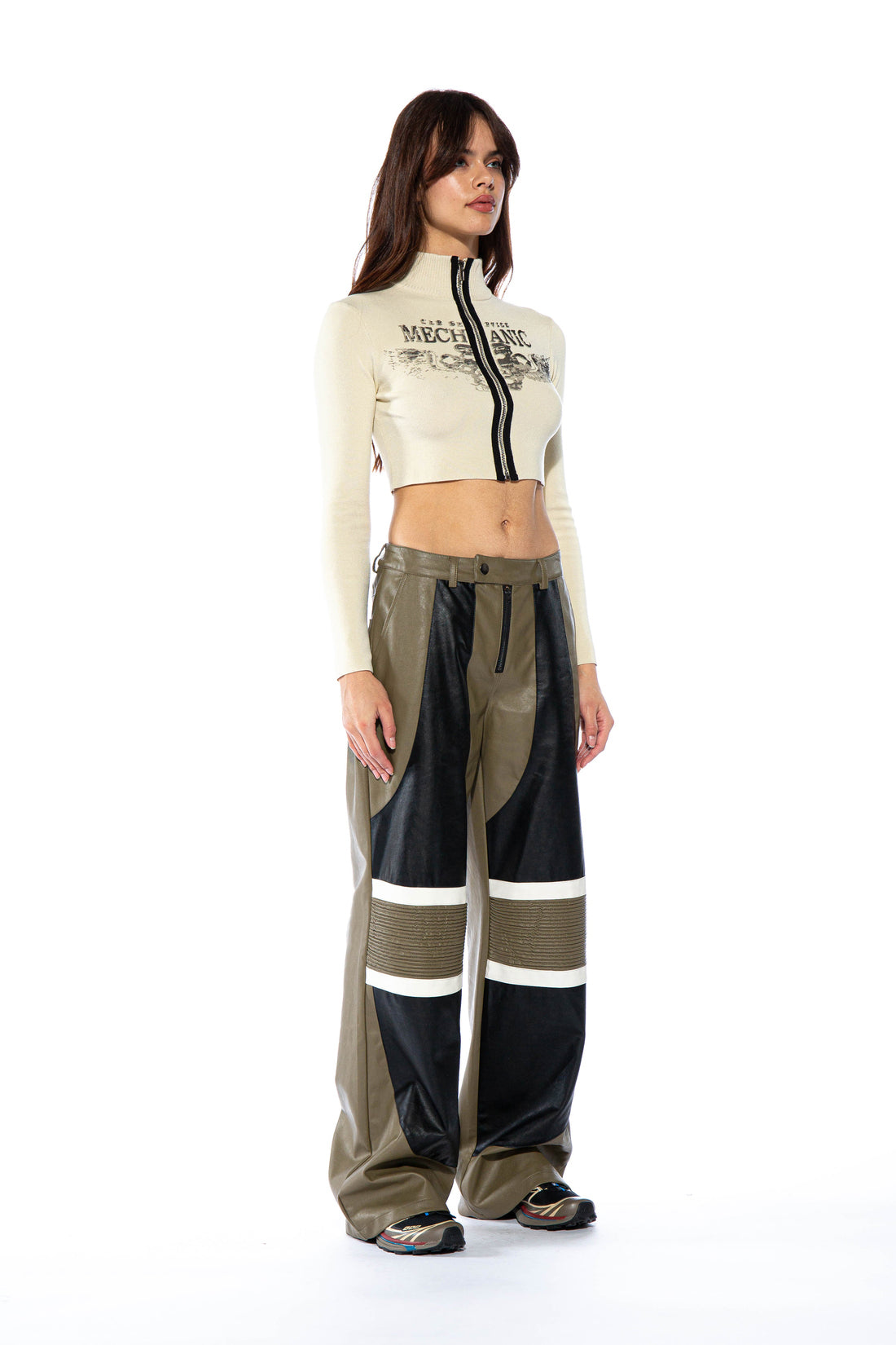 Faux Leather Contrast Colored Moto Baggy Pant
