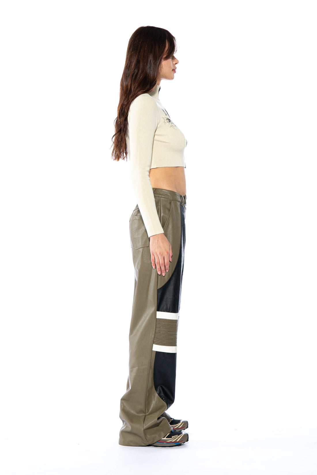 Faux Leather Contrast Colored Moto Baggy Pant