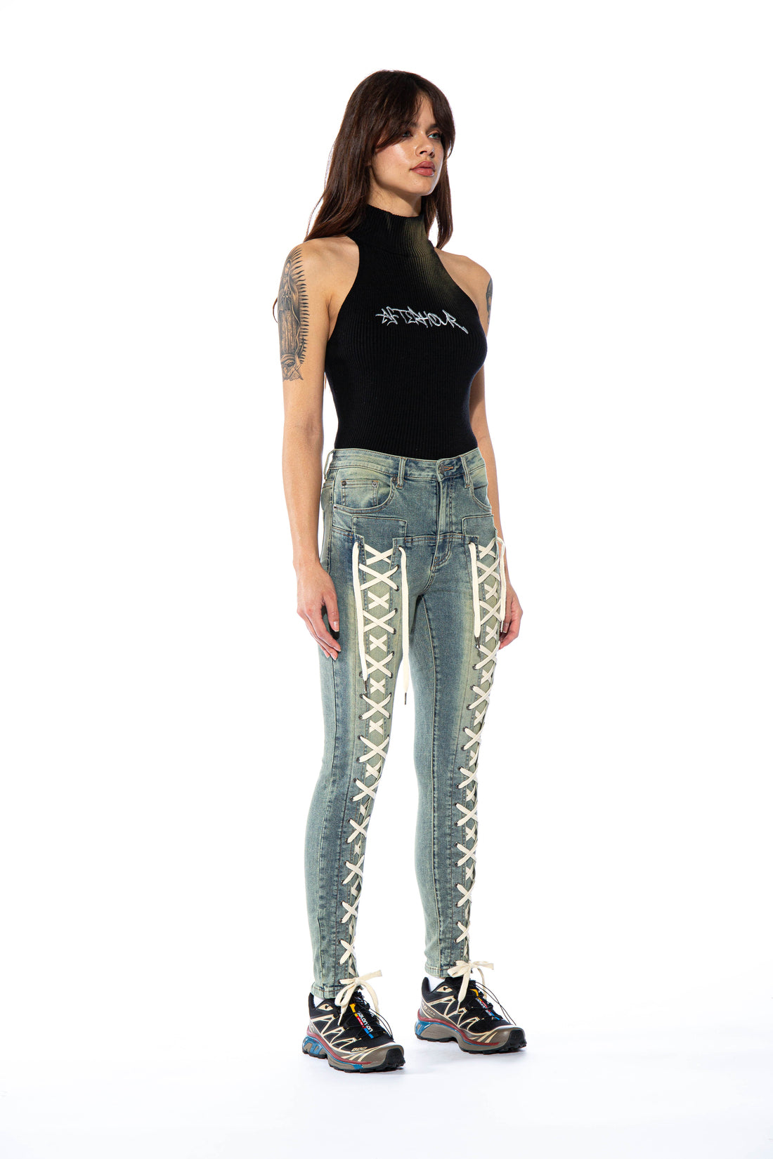 Lace Up Tinted Skinny Jeans