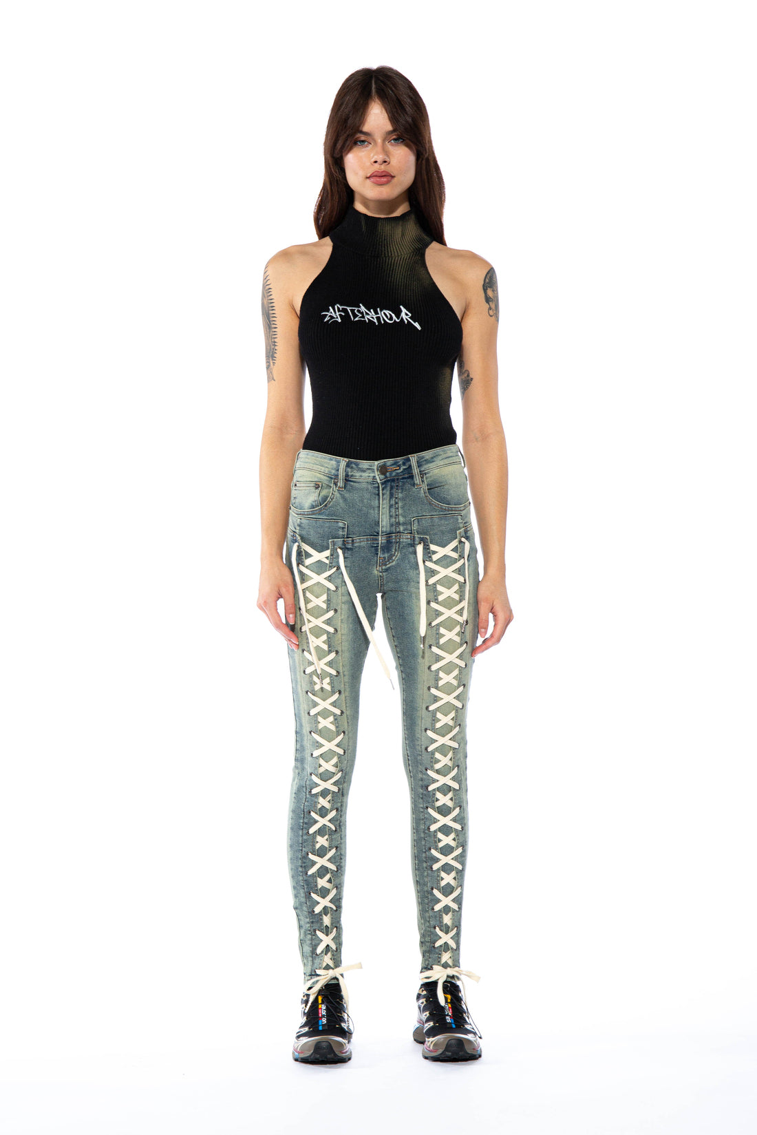 Lace Up Tinted Skinny Jeans