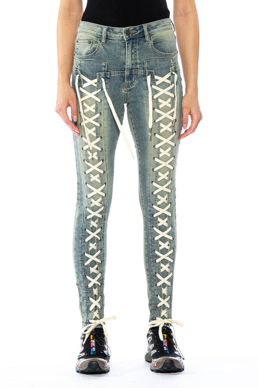 Lace Up Tinted Skinny Jeans