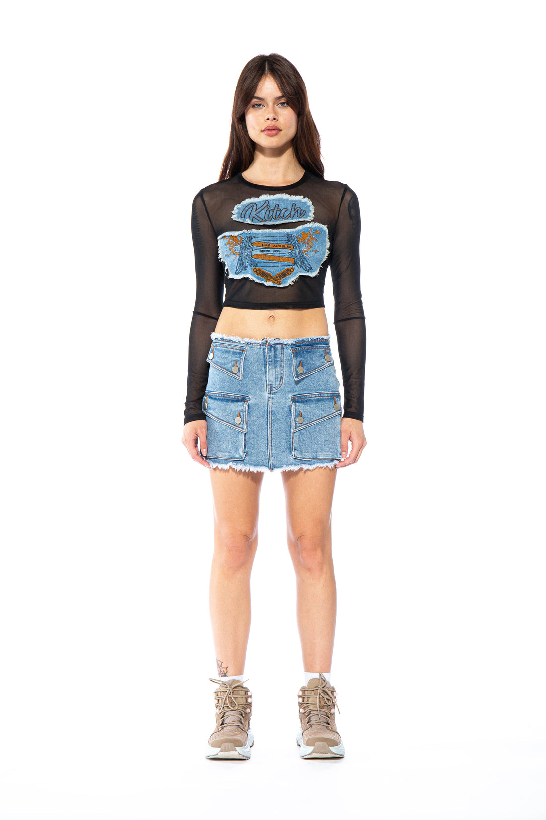 Raw Edge Cargo Denim Mini Skirt