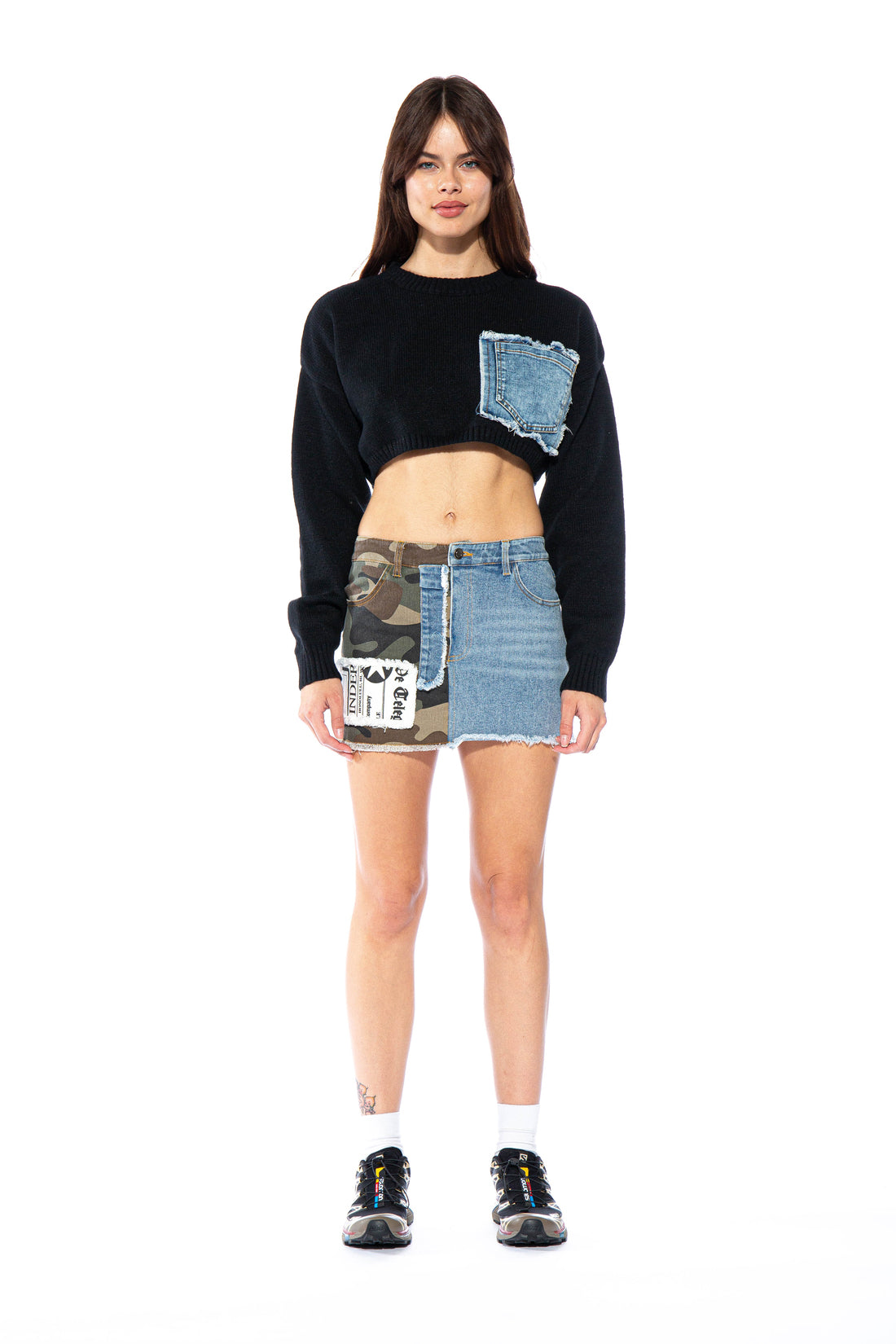 Denim Patch Crop Knit Sweater