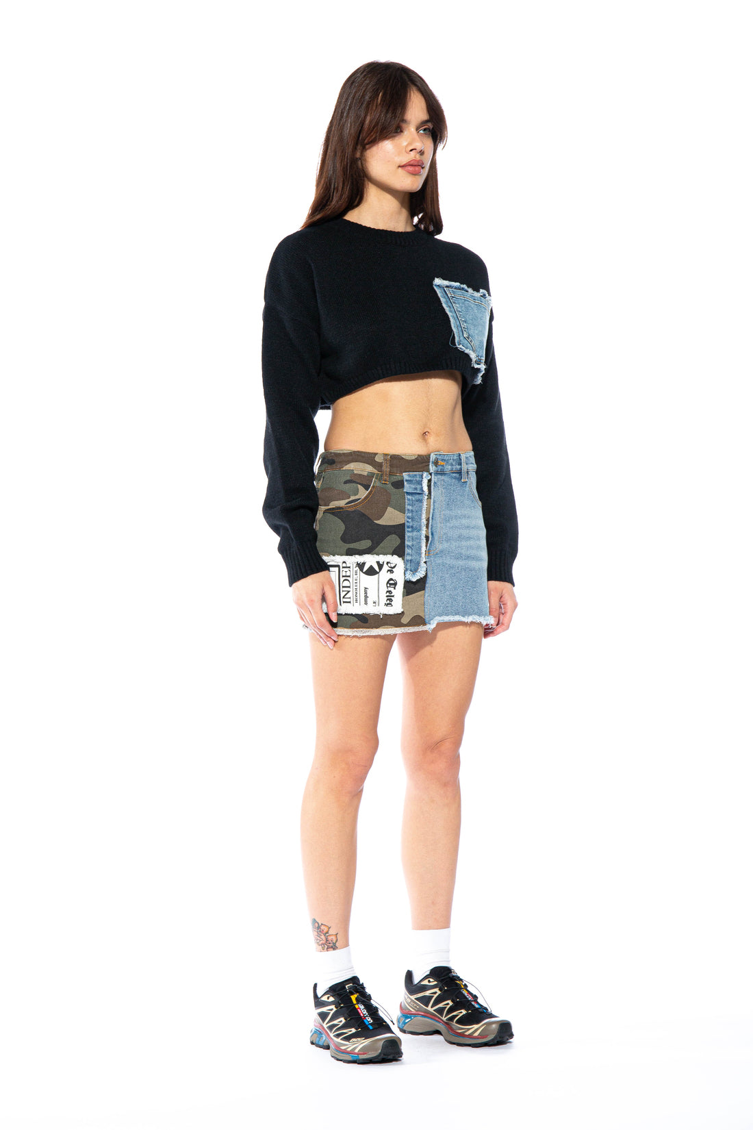 Denim Patch Crop Knit Sweater