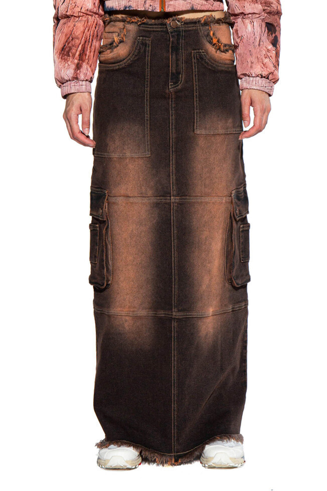 Color Tinted Cargo Denim Maxi Skirt