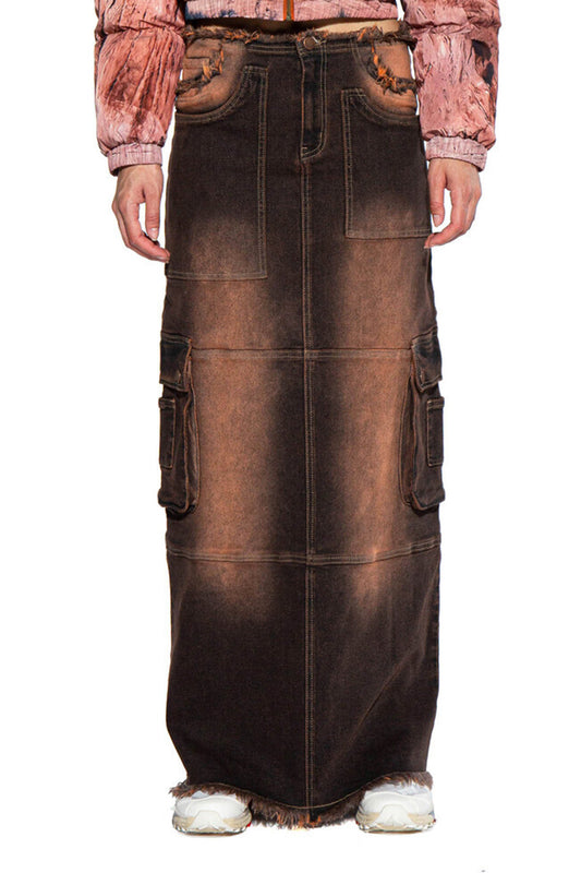 Color Tinted Cargo Denim Maxi Skirt