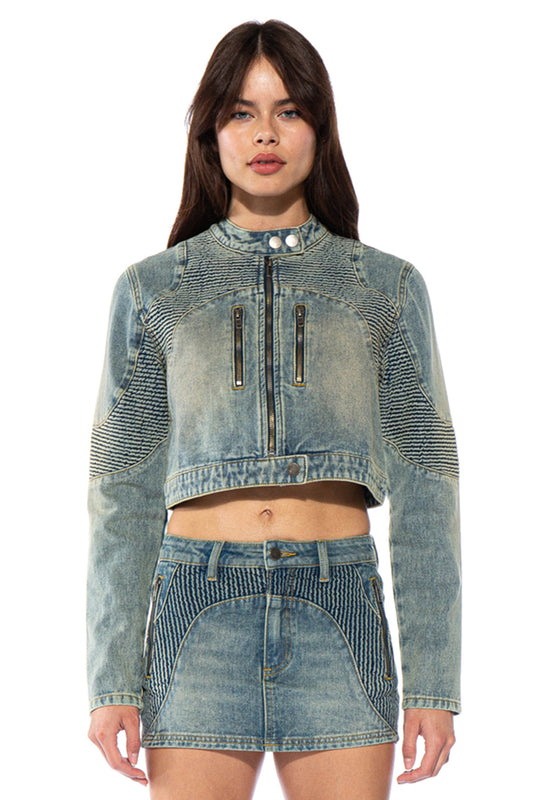 Ripple Vintage Washed Denim Moto Jacket