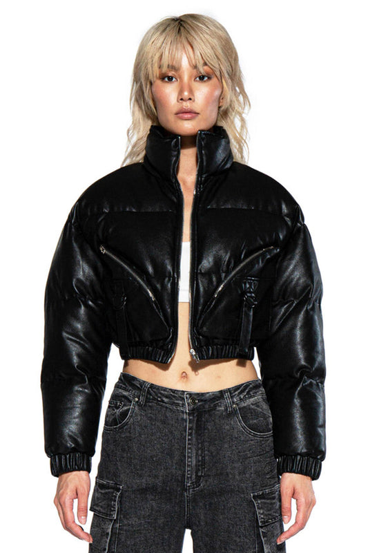 Faux Leather Cargo Puffer Jacket