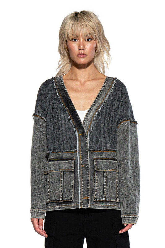 DENIM SWEATER COMBINATION CARDIGAN