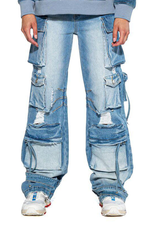Distressed Denim Cargo Jean