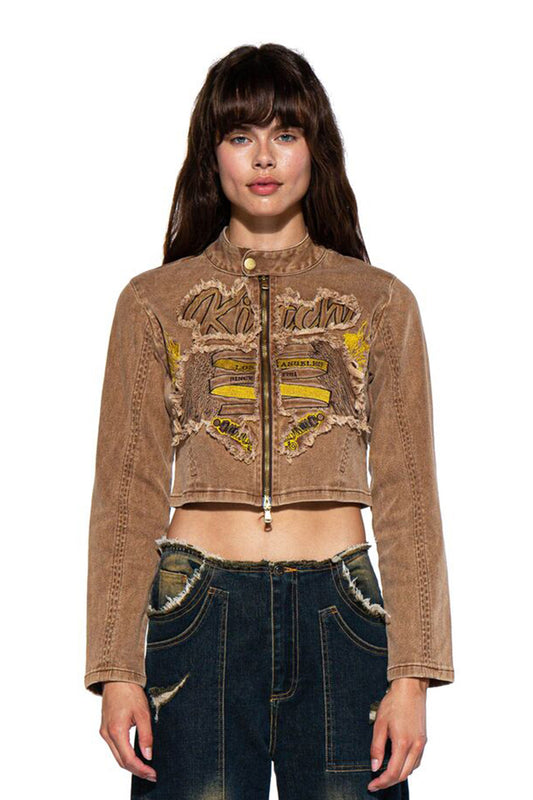 KITCH EMBROIDERY TWILL MOTO JACKET